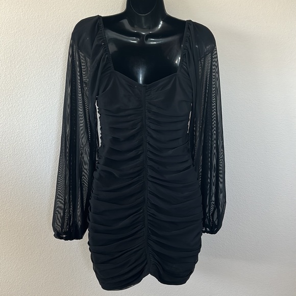 Princess Polly Everly Black Sheer Balloon Sleeve Ruched Cowl Neck Mini Dress - Picture 7 of 11
